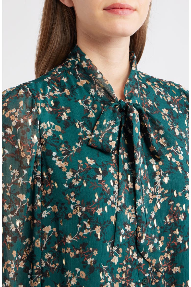 Floral Tie Neck Long Sleeve Ruffle Shirtdress, Alternate, color, MIDNIGHT PINE MULTI