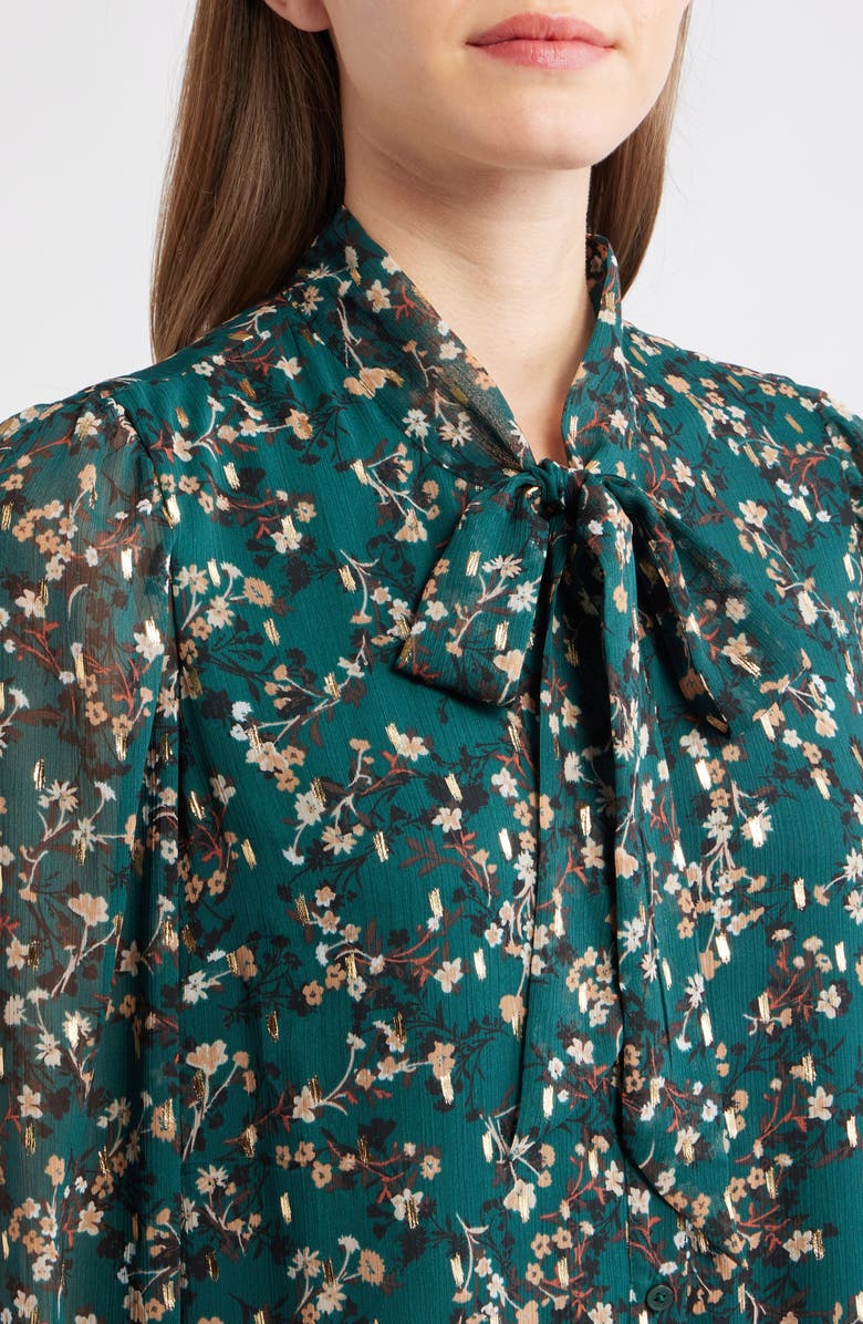 Anne Klein Floral Tie Neck Long Sleeve Ruffle Shirtdress, Alternate, color, Midnight Pine Multi