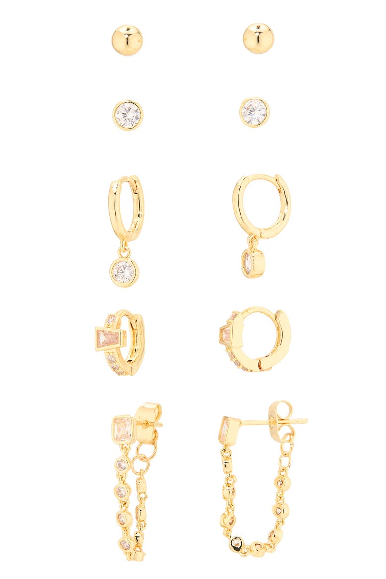 5-Pack Studs & Huggie Earrings, Alternate, color, CLEAR- GOLD