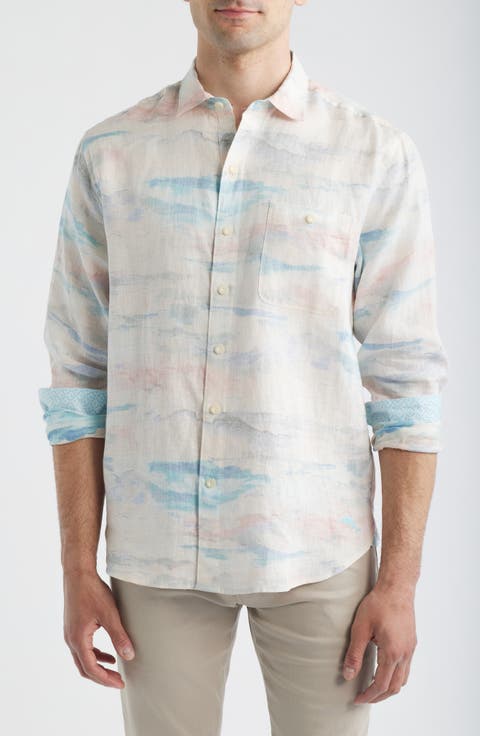 Coral Cove Wave Print Linen Button-Up Shirt (Big & Tall)