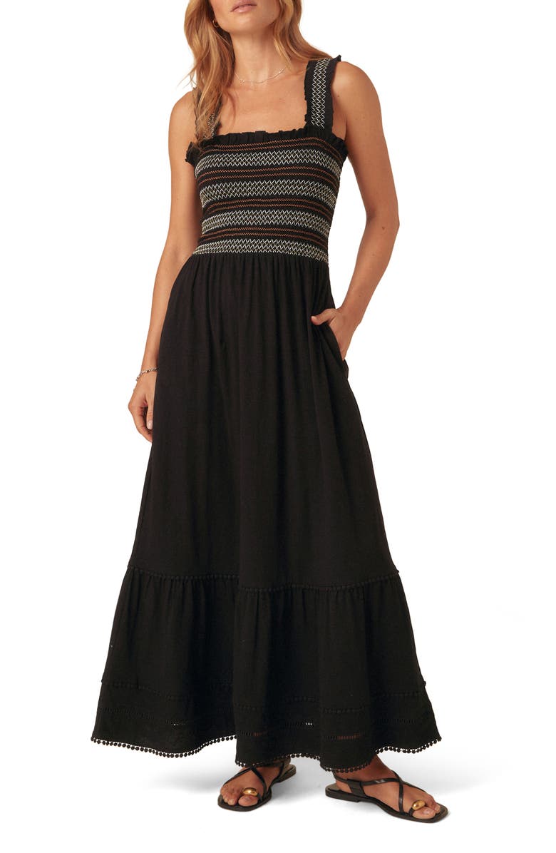 Nobody's Child Fifi Smocked Organic Cotton Maxi Sundress, Main, color, Black