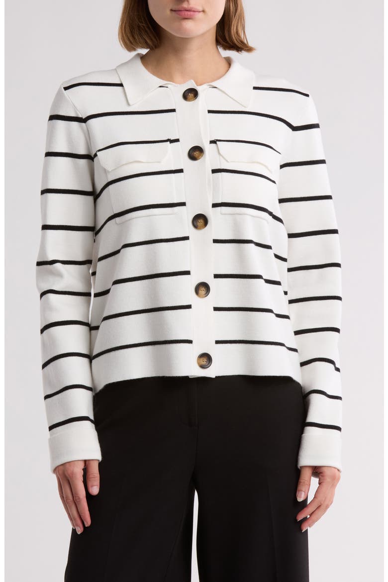Collar Button Front Cardigan, Main, color, SNOW GLOBE/ BLACK STRIPE