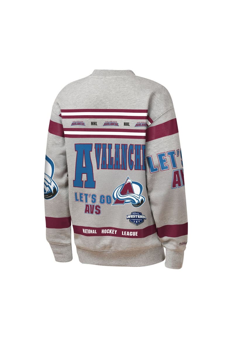 Youth Mitchell & Ness Heather Gray Colorado Avalanche Allover Print Fleece Crewneck Sweatshirt, Alternate, color, Heather Gray