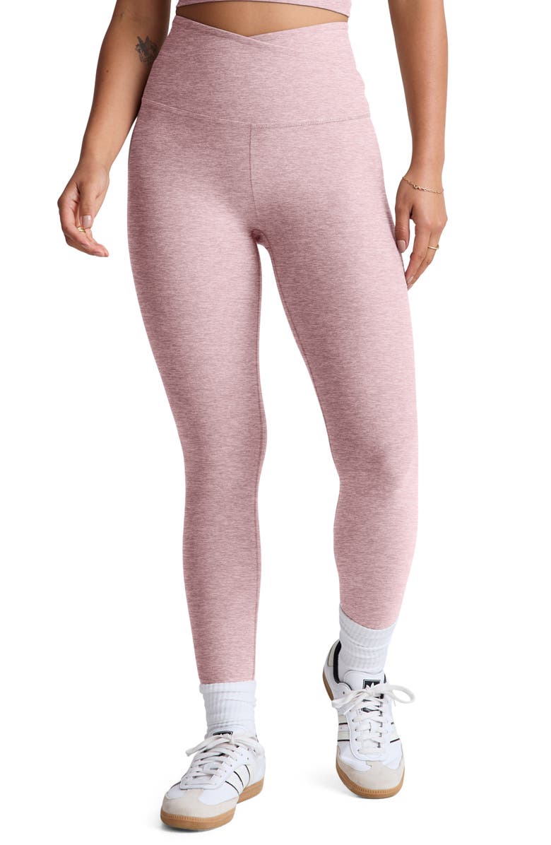 Beyond Yoga At Your Leisure Space Dye High Waist Midi Leggings, Main, color, Blush Blooms Heather