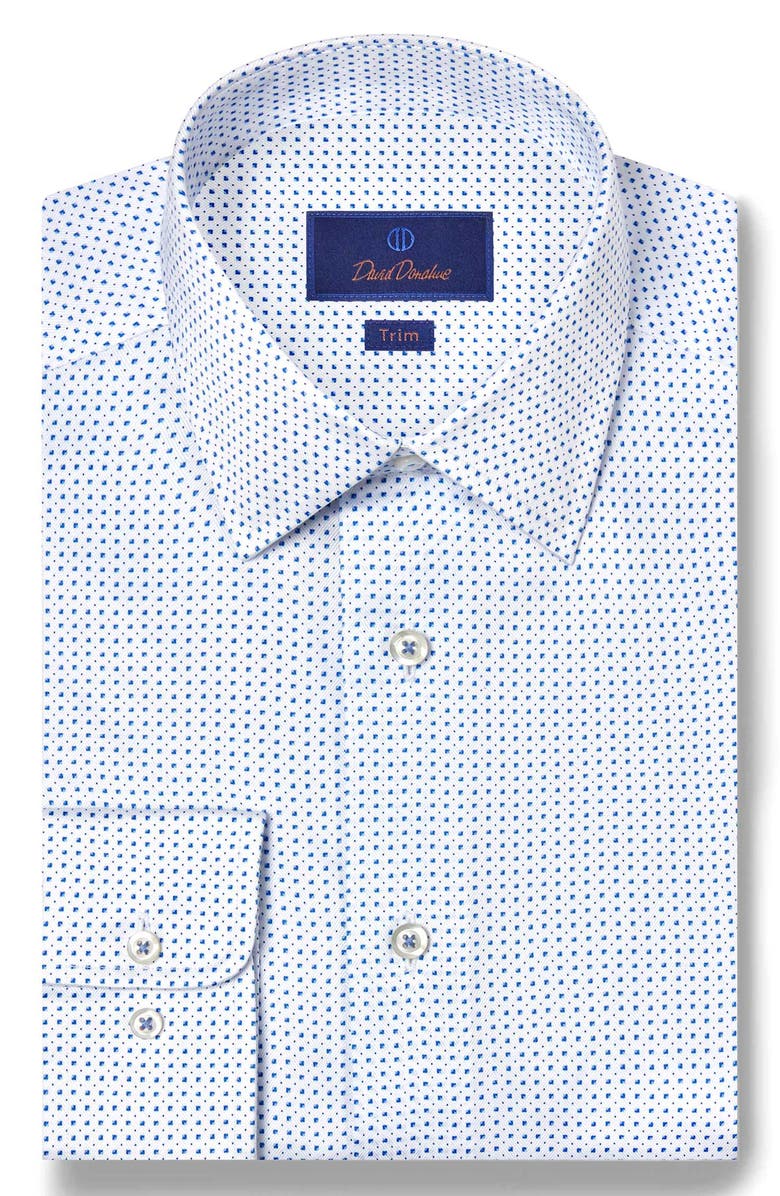 David Donahue Trim Fit Neat Cotton Herringbone Dress Shirt, Main, color, White/ Blue
