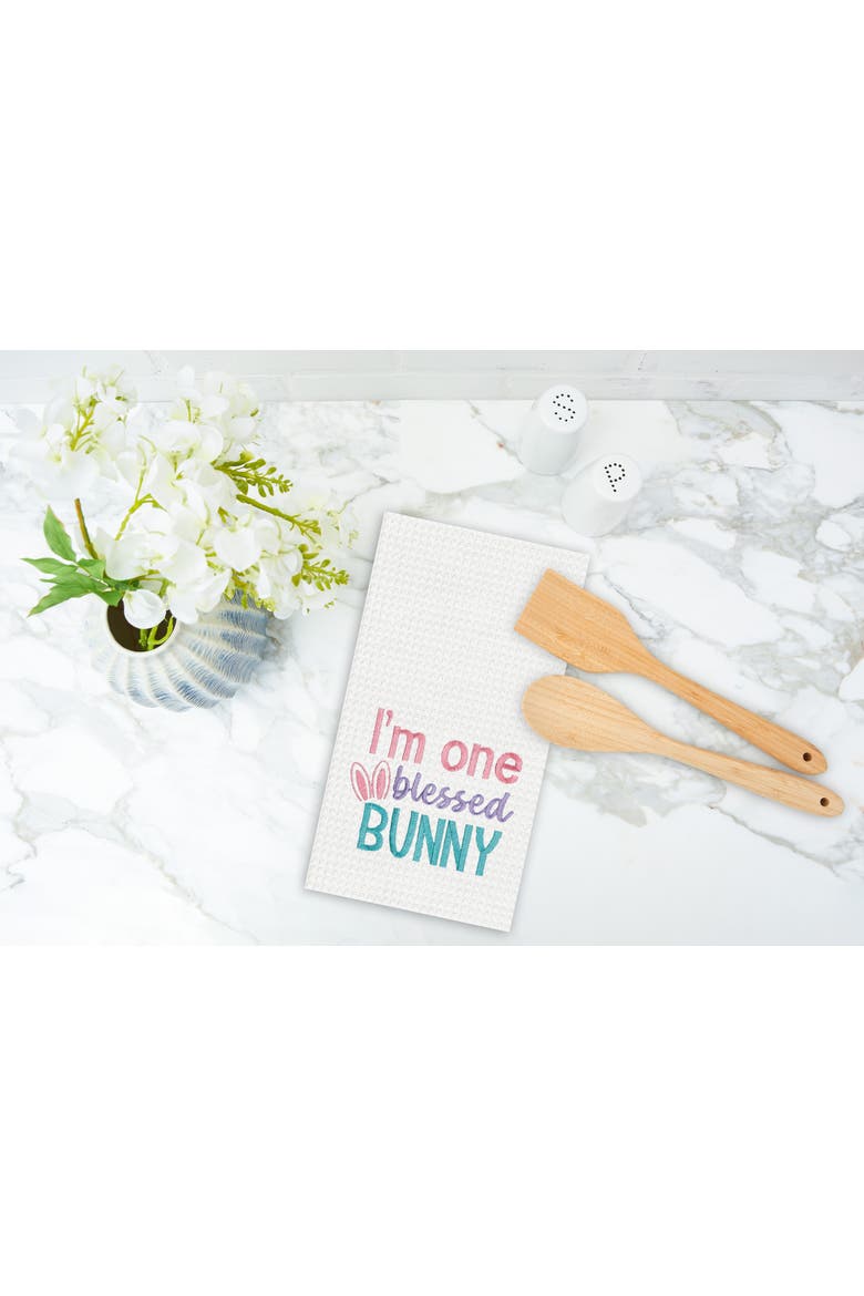 "I'm One Blessed Bunny" Easter Rabbit Embroidered Cotton Waffle Weave Kitchen Dishtowel, Alternate, color, White