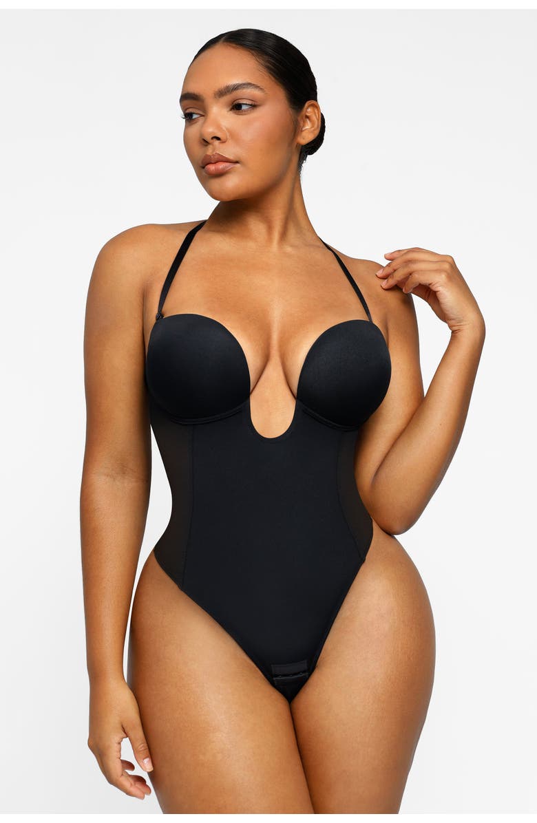 Shapellx Strapless U-Plunge Thong Shapewear Bodysuit, Alternate, color, Black