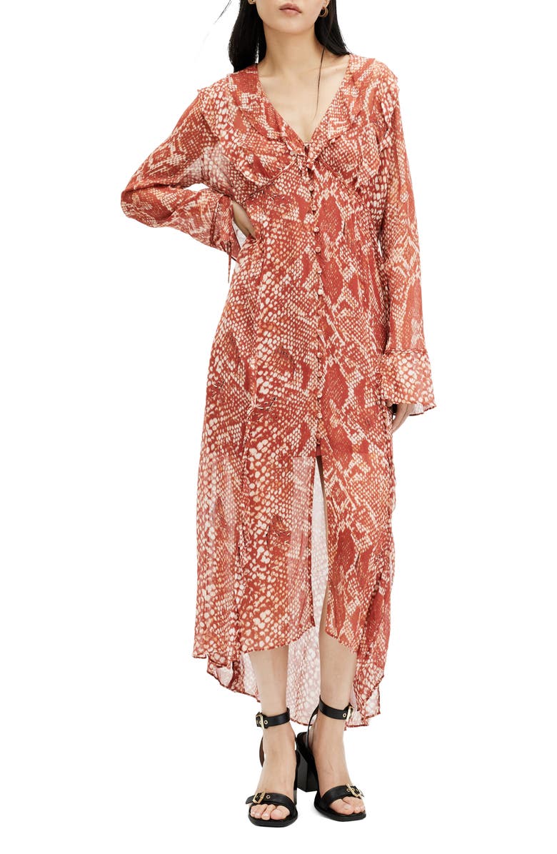 AllSaints Liana Waimea Snakeskin Print Long Sleeve High-Low Dress, Alternate, color, 
