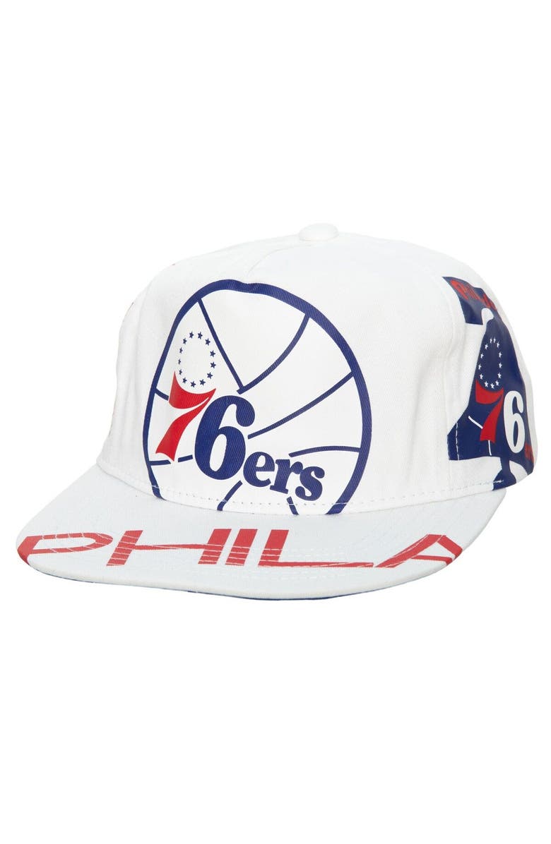 Mitchell & Ness Men's Mitchell & Ness  White Philadelphia 76ers Hardwood Classics In Your Face Deadstock Snapback Hat, Main, color, 