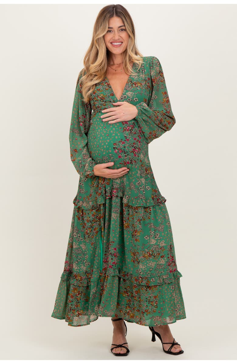 PinkBlush Floral Chiffon V-Neck Long Sleeve Maxi Dress, Main, color, Green