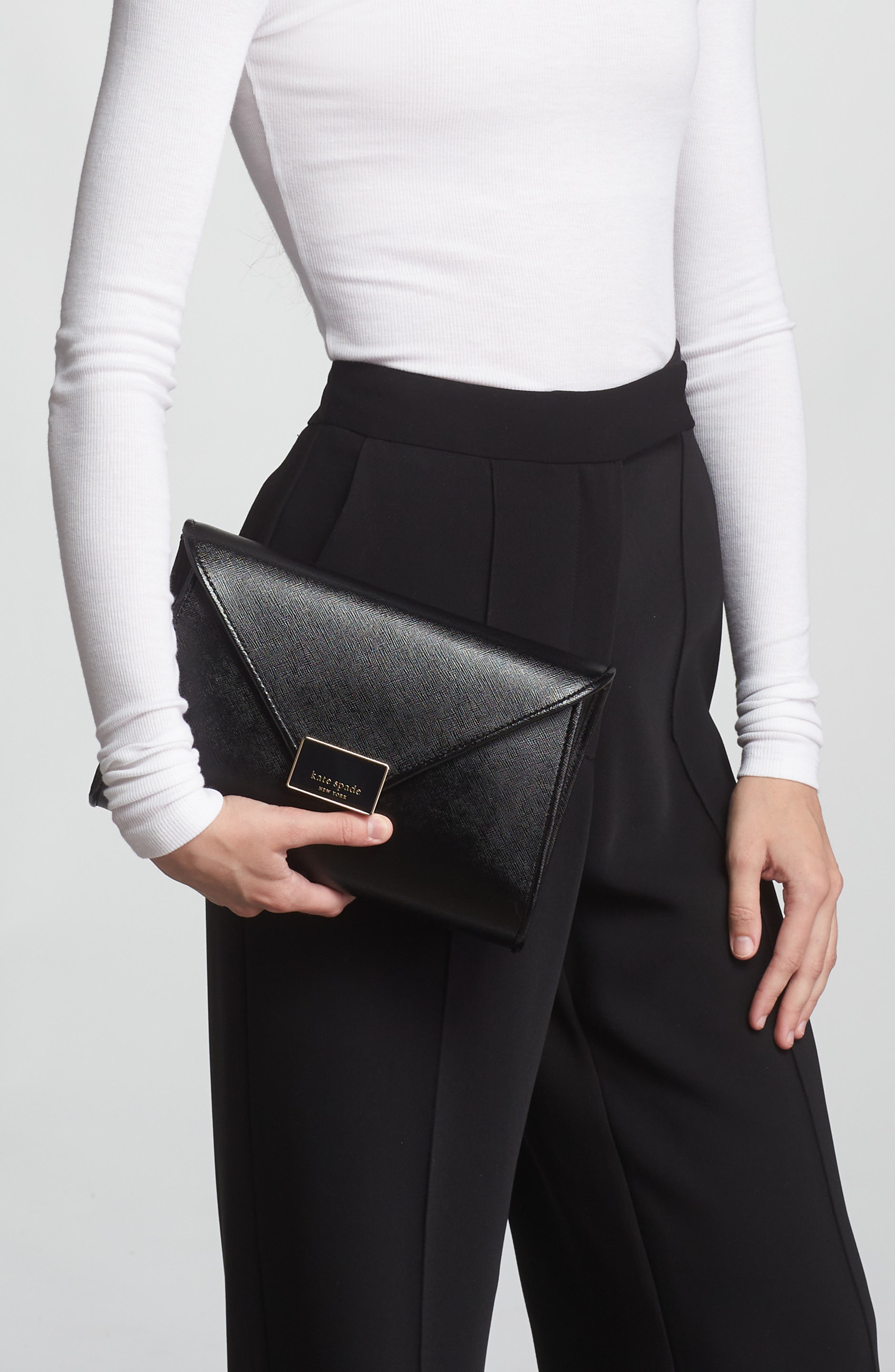 Kate Spade New York anna medium envelope leather convertible clutch, Alternate, color, Black