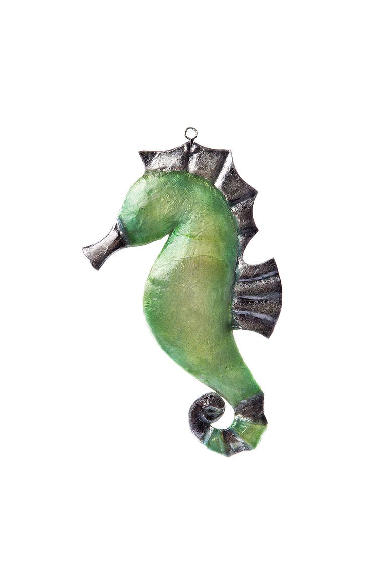 Silver Leaf Seahorse Christmas Xmas Ornament, Main, color, Silver