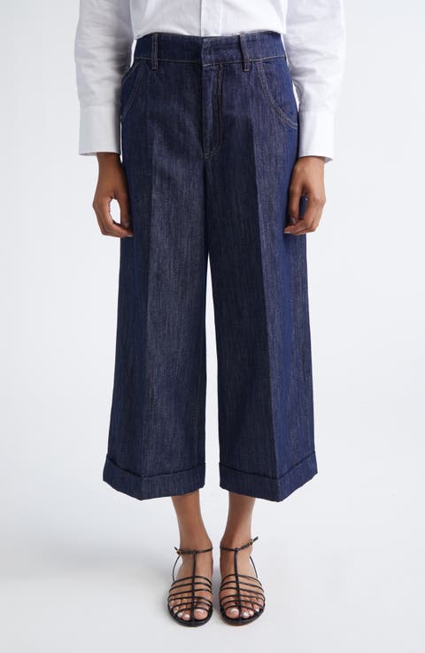 Efedra Crop Cotton Blend Wide Leg Denim Pants