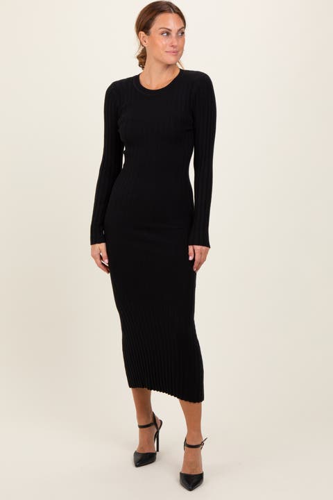 Ribbed Knit Fitted Midi Sweater Dress