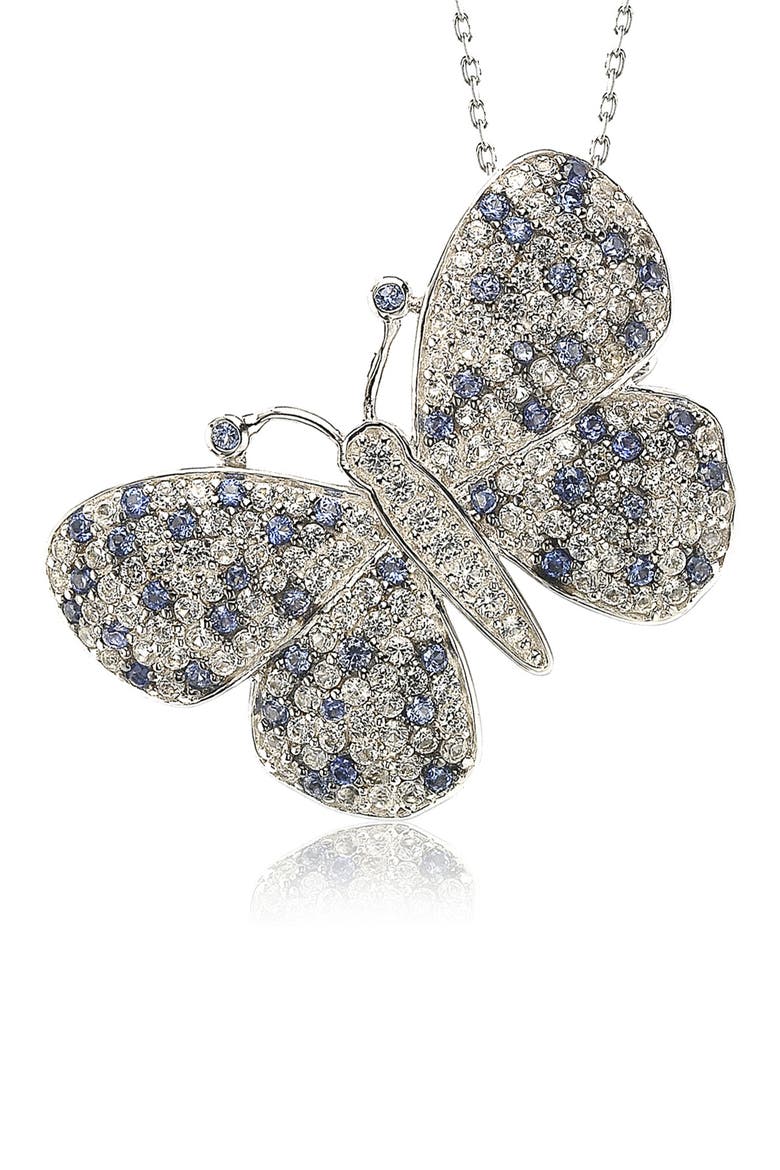 Sterling Silver Pavé Blue Sapphire & Lab Created White Sapphire Butterfly Pendant Necklace, Main, color, BLUE