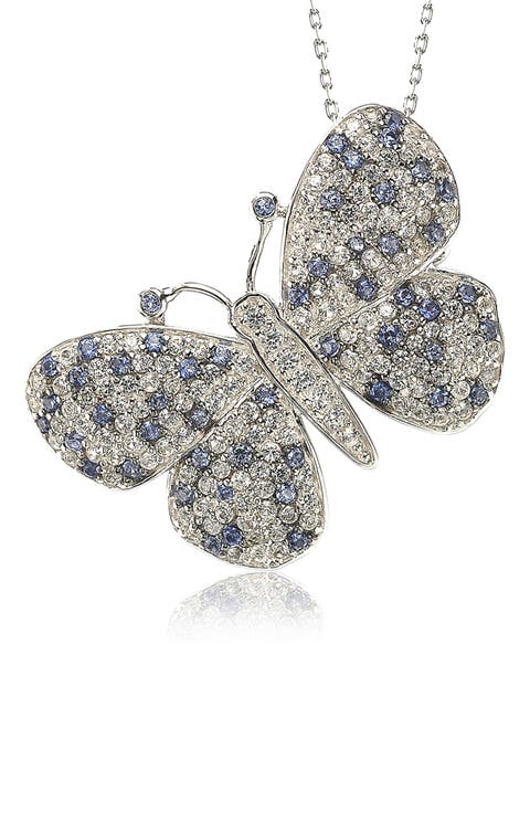 Sterling Silver Pavé Blue Sapphire & Lab Created White Sapphire Butterfly Pendant Necklace