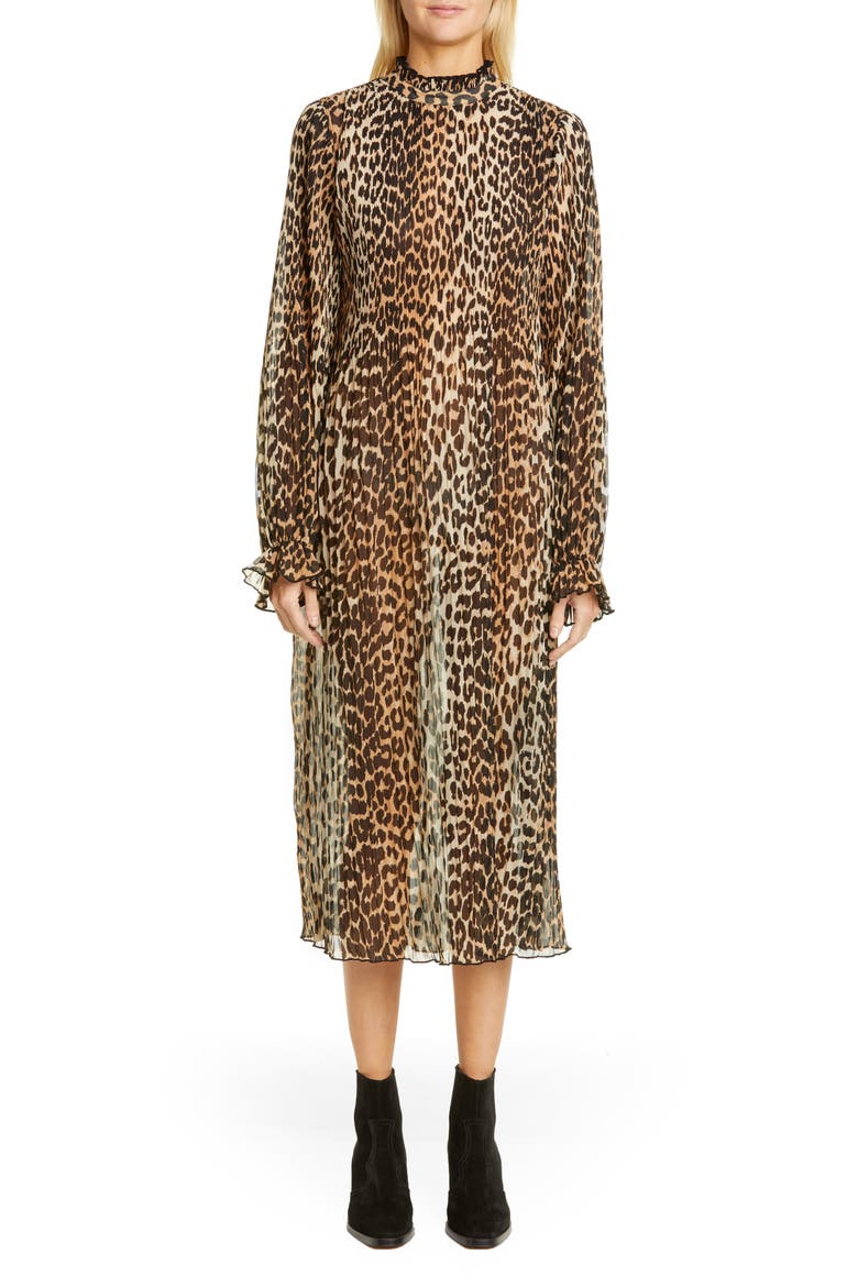 Leopard Print Sheer Georgette Long Sleeve Midi Dress, Main, color, LEOPARD