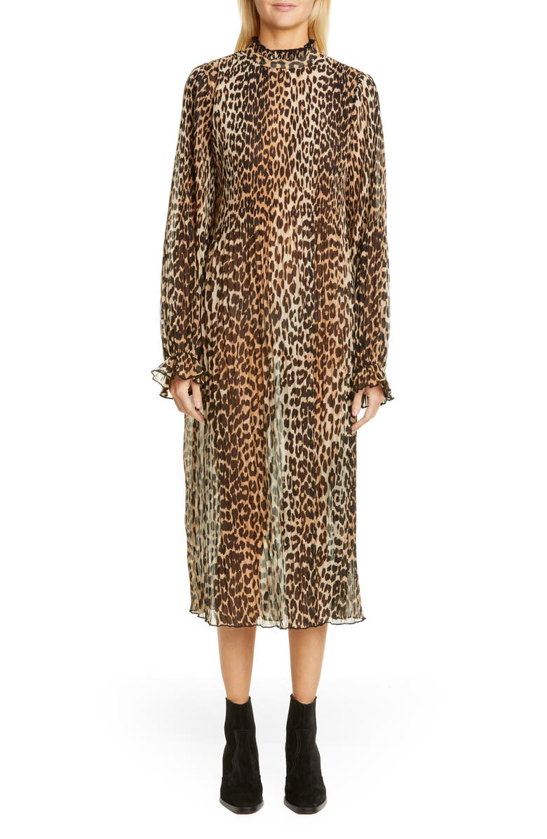 Ganni Leopard Print Sheer Georgette Long Sleeve Midi Dress, Main, color, 