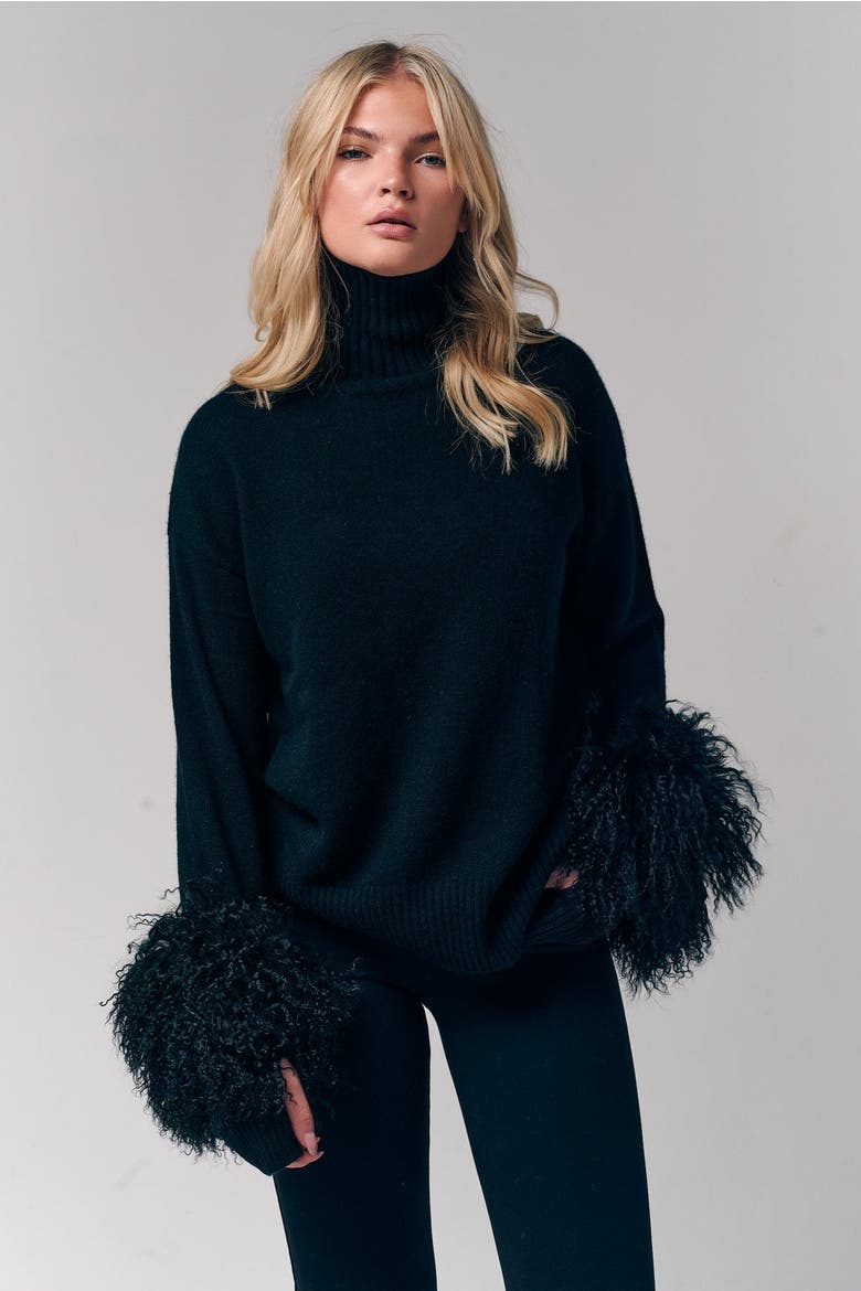 Mongolian Shearling Cuffs Cashmere Sweater, Main, color, Black
