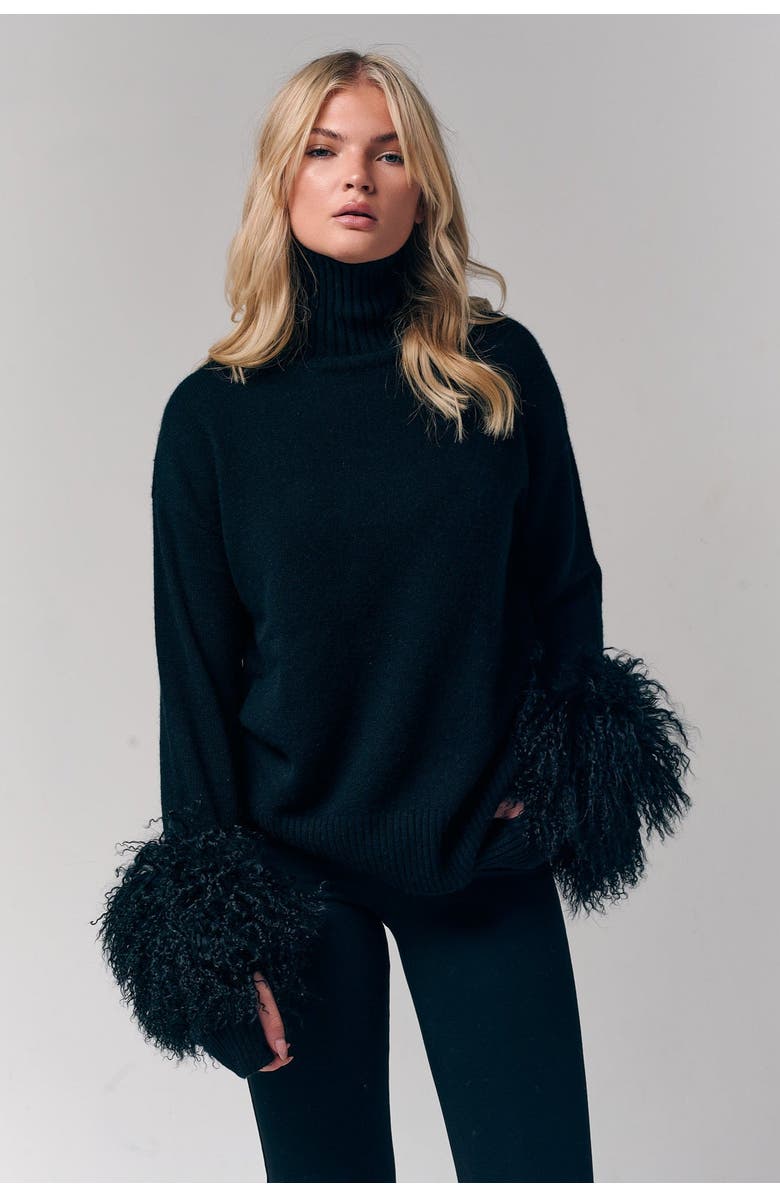 Le Fafo Mongolian Shearling Cuffs Cashmere Sweater, Main, color, Black