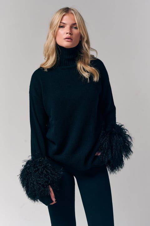 Mongolian Shearling Cuffs Cashmere Sweater
