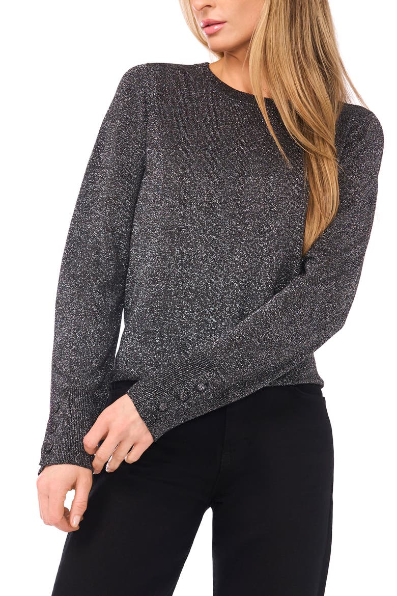 Rhinestone Button Sweater, Main, color, DARK BLACK LUREX