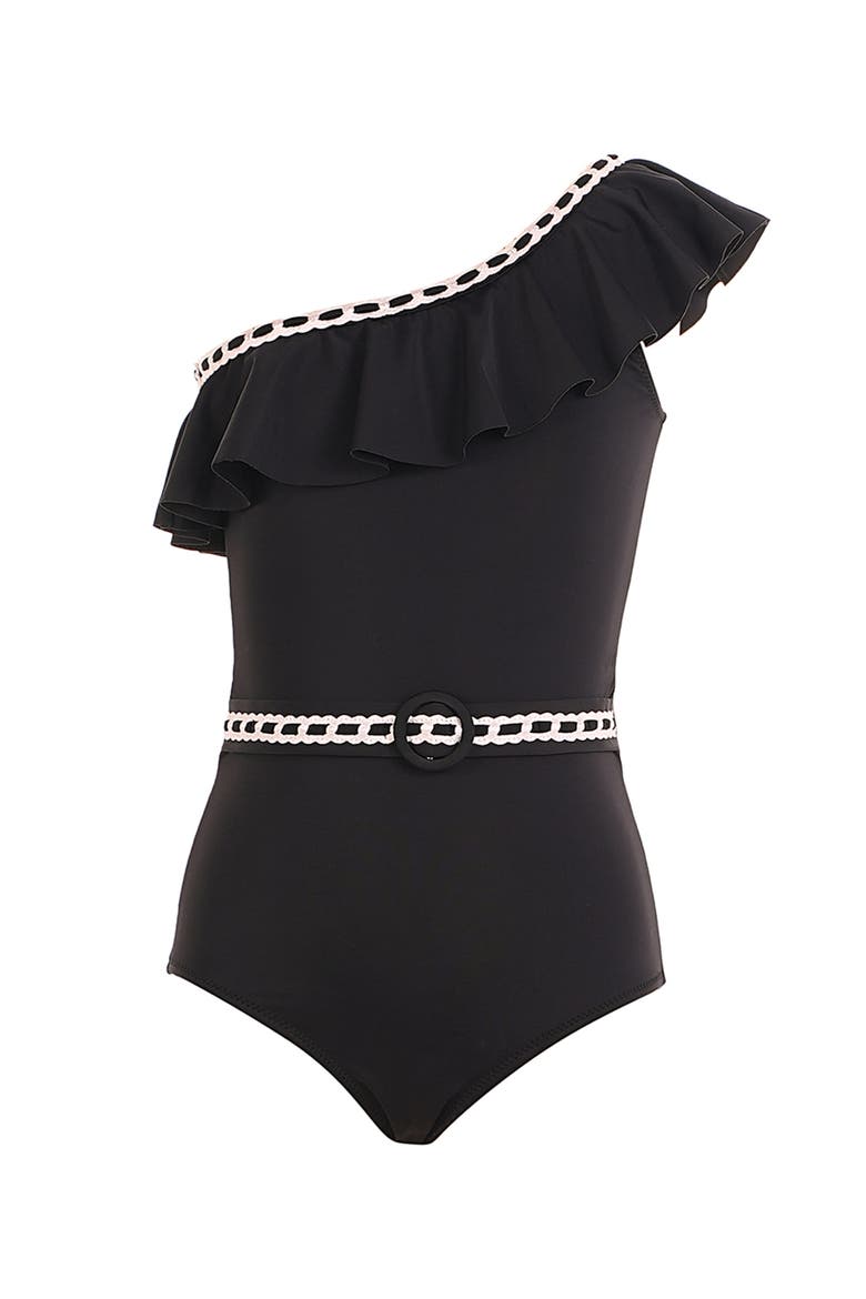 One Shoulder Ruffle Decorative Embroidery Accents One-Piece Swimsuit, Main, color, Black