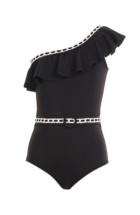 One Shoulder Ruffle Decorative Embroidery Accents One-Piece Swimsuit