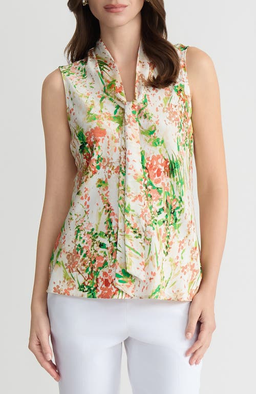 KASPER Tie Neck Sleeveless Top in Vanilla Ice Multi at Nordstrom, Size Medium