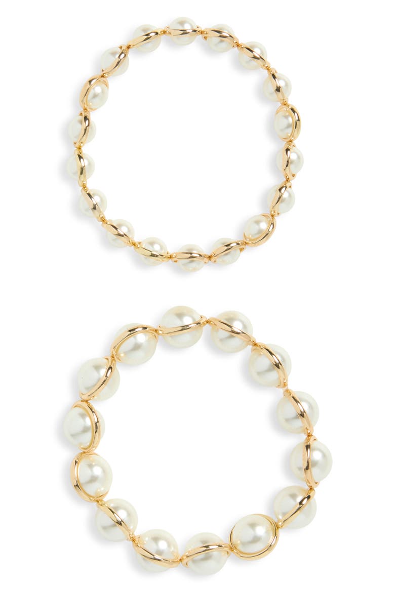 2-Pack Metal Wrapped Imitation Pearl Bracelets, Main, color, WHITE- GOLD