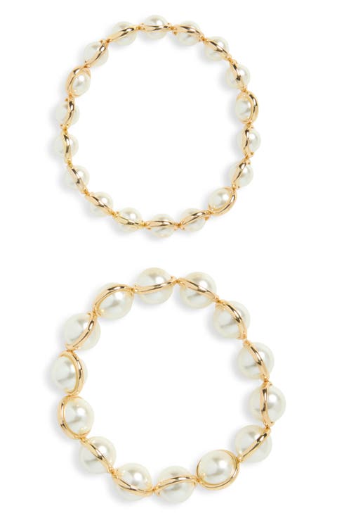 2-Pack Metal Wrapped Imitation Pearl Bracelets