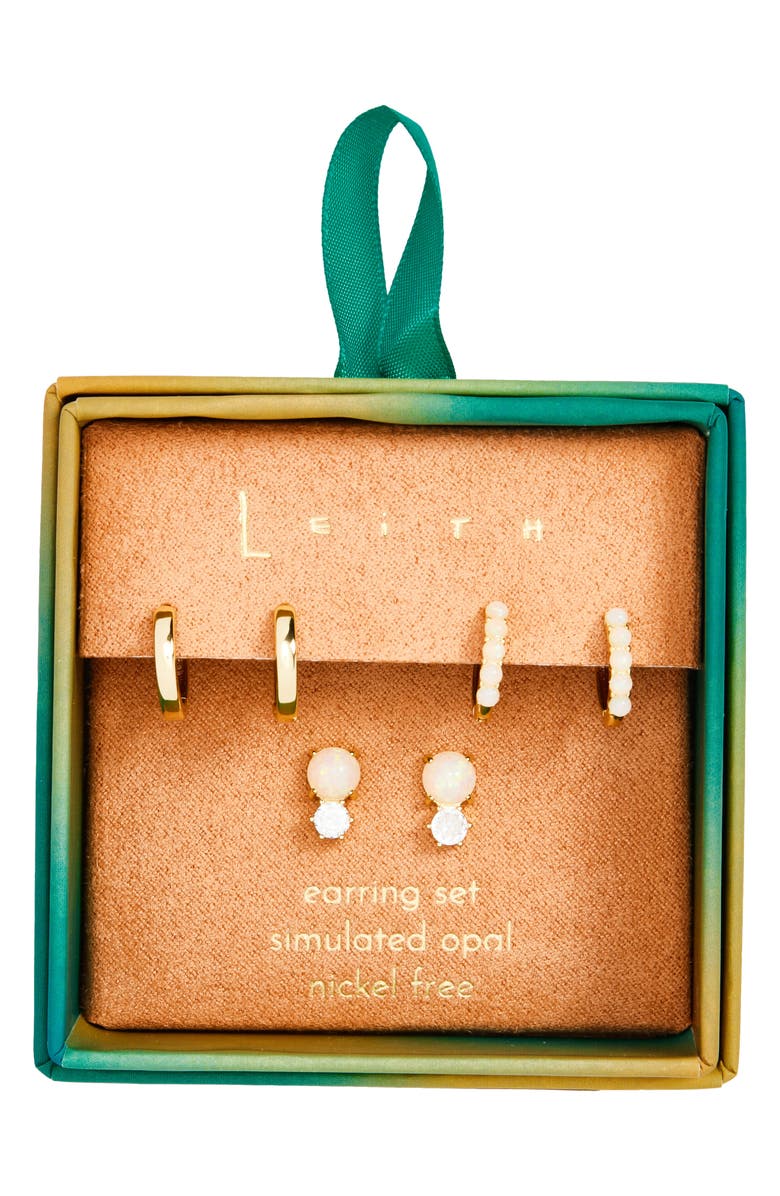 Leith 3-Pack Faux Opal & CZ Earrings, Main, color, White Opal- Clear- Gold