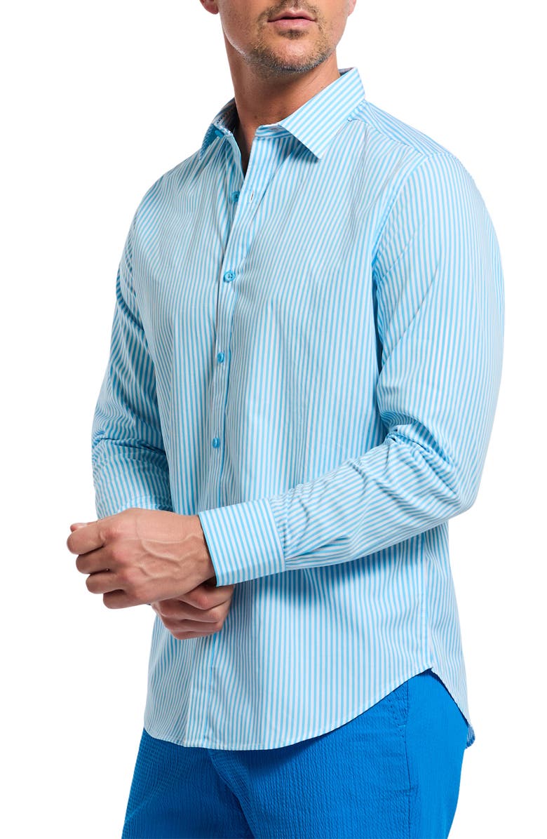 Robert Graham Greenwich Stripe Stretch Button-Up Shirt, Alternate, color, Aqua