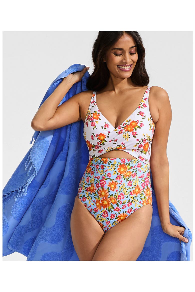 Wrap Monokini High Leg One Piece Swimsuit, Alternate, color, White/Blue Spring Floral