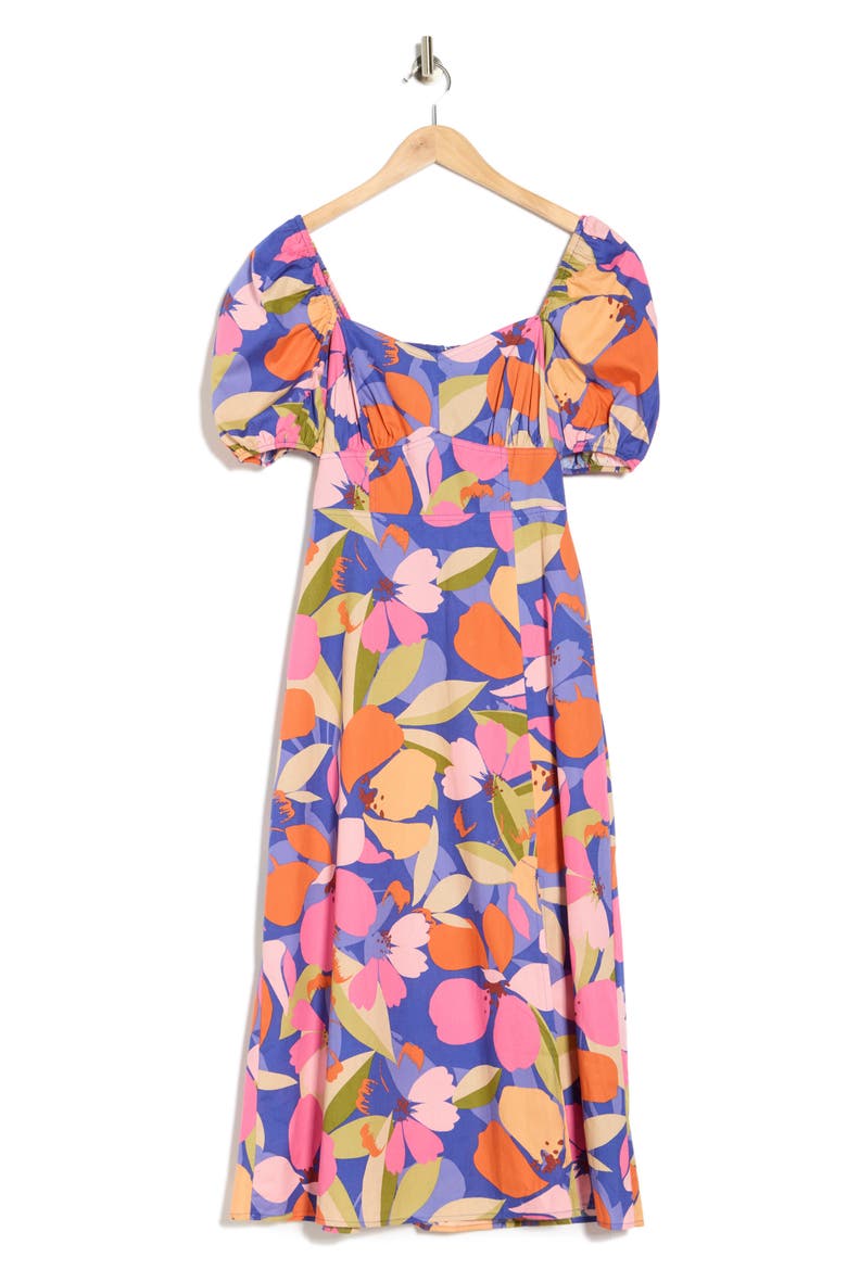 Floral Puff Sleeve A-Line Midi Dress, Alternate, color, BLUE MULTI