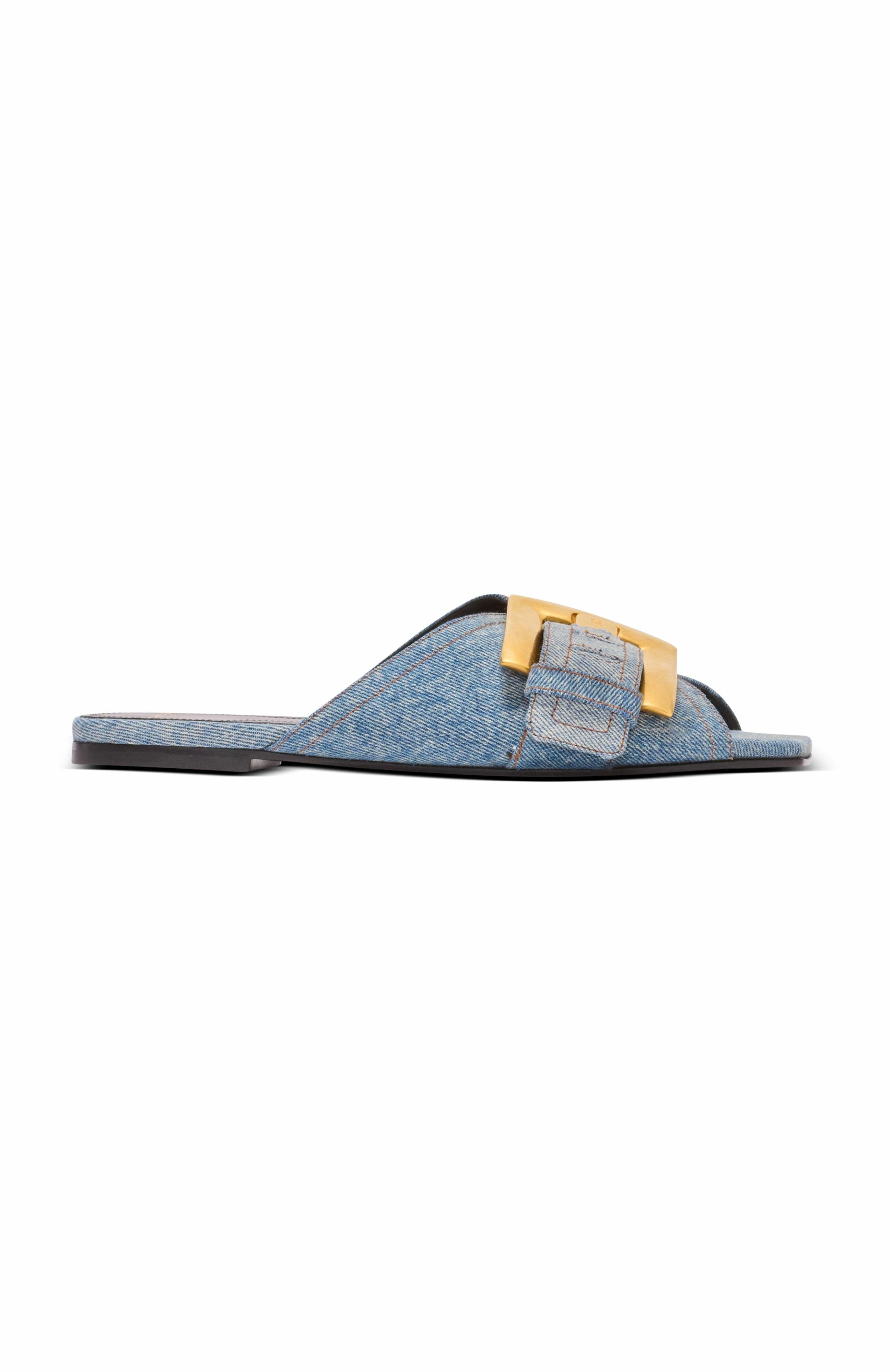 Balmain Anthem Flat Denim Sandals, Alternate, color, Blue