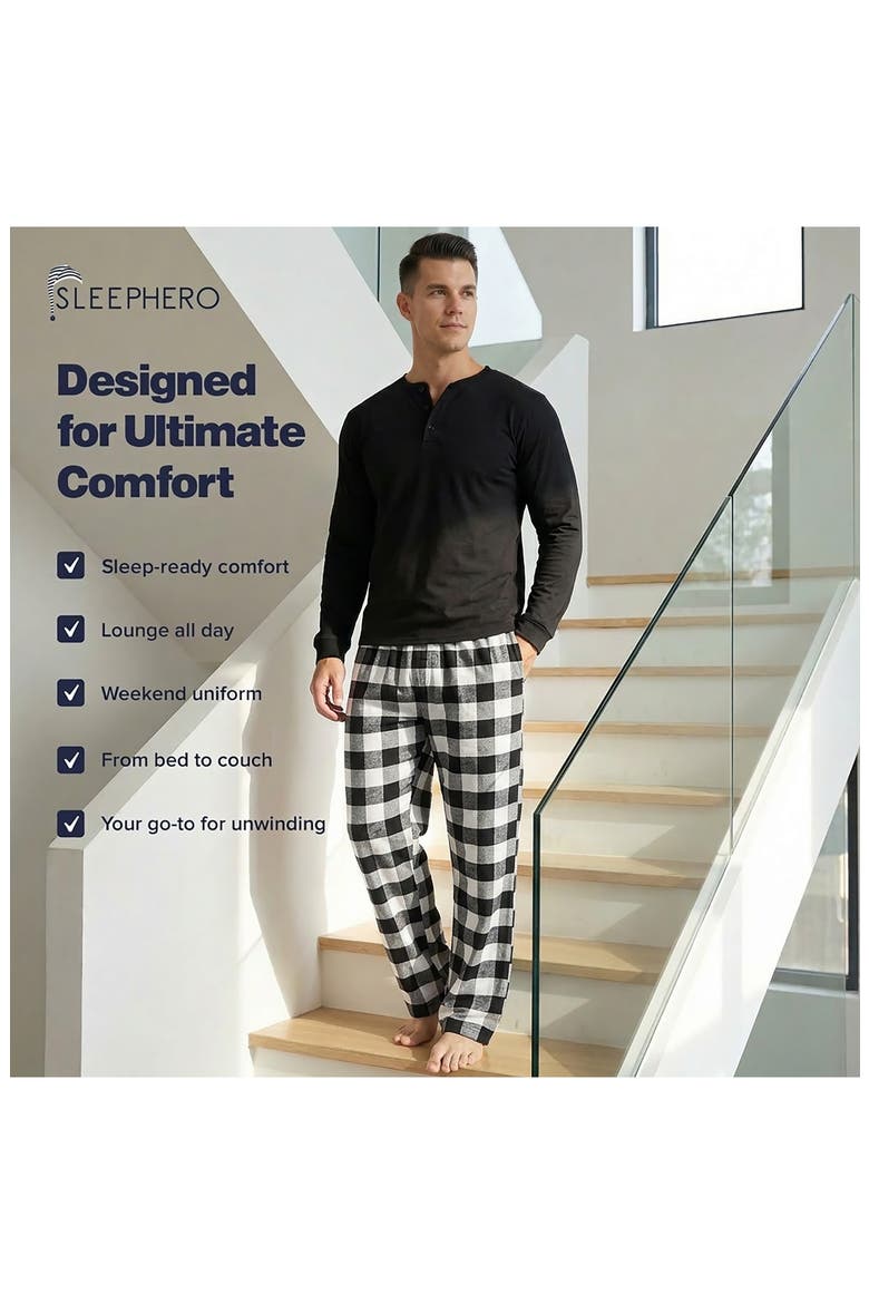 Henley & Flannel Pant Pajama Set, Alternate, color, WHITE AND BLACK BUFFALO CHECK