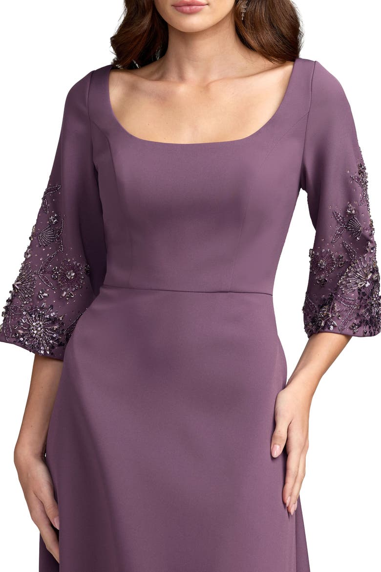 Crepe Gown With Floral Embellished Sleeves, Alternate, color, Eggplant