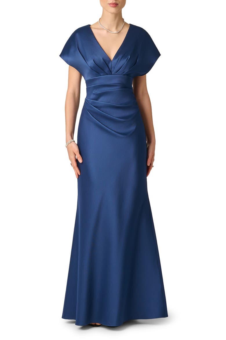 Pleated Stretch Mikado Gown, Main, color, NAVY