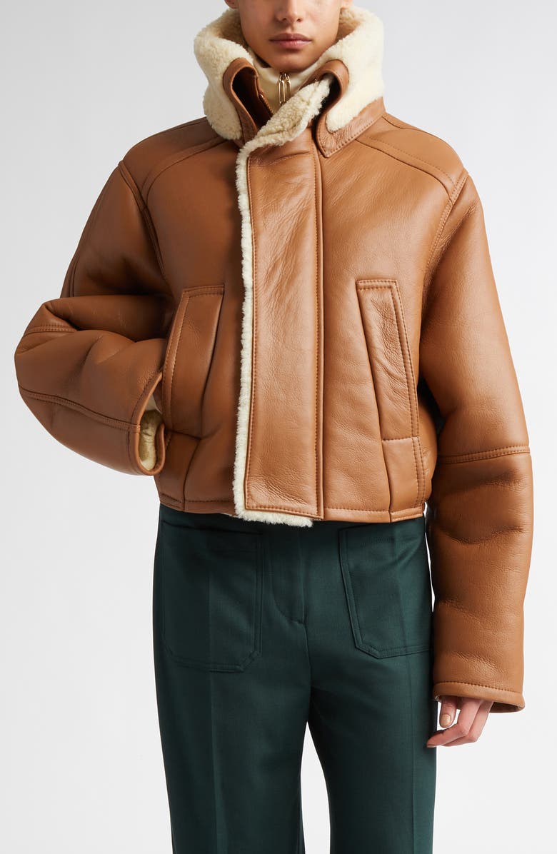 Victoria Beckham Genuine Shearling Lined Leather Pea Coat, Main, color, 