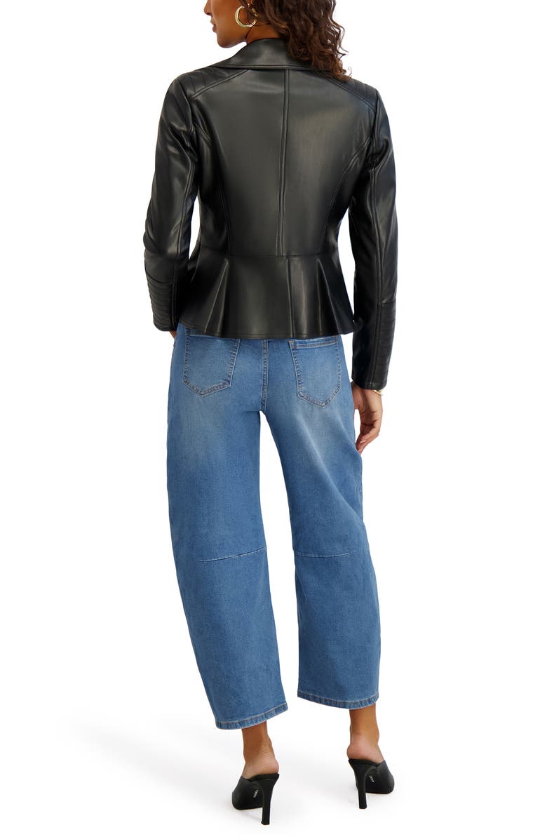 Kensie Peplum Back Faux Lether Moto Jacket, Alternate, color, Black