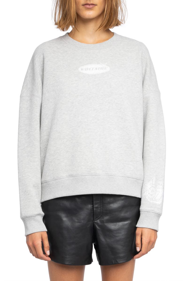 Zadig & Voltaire Mira Crystal Logo Sweatshirt, Main, color, Gris Chine