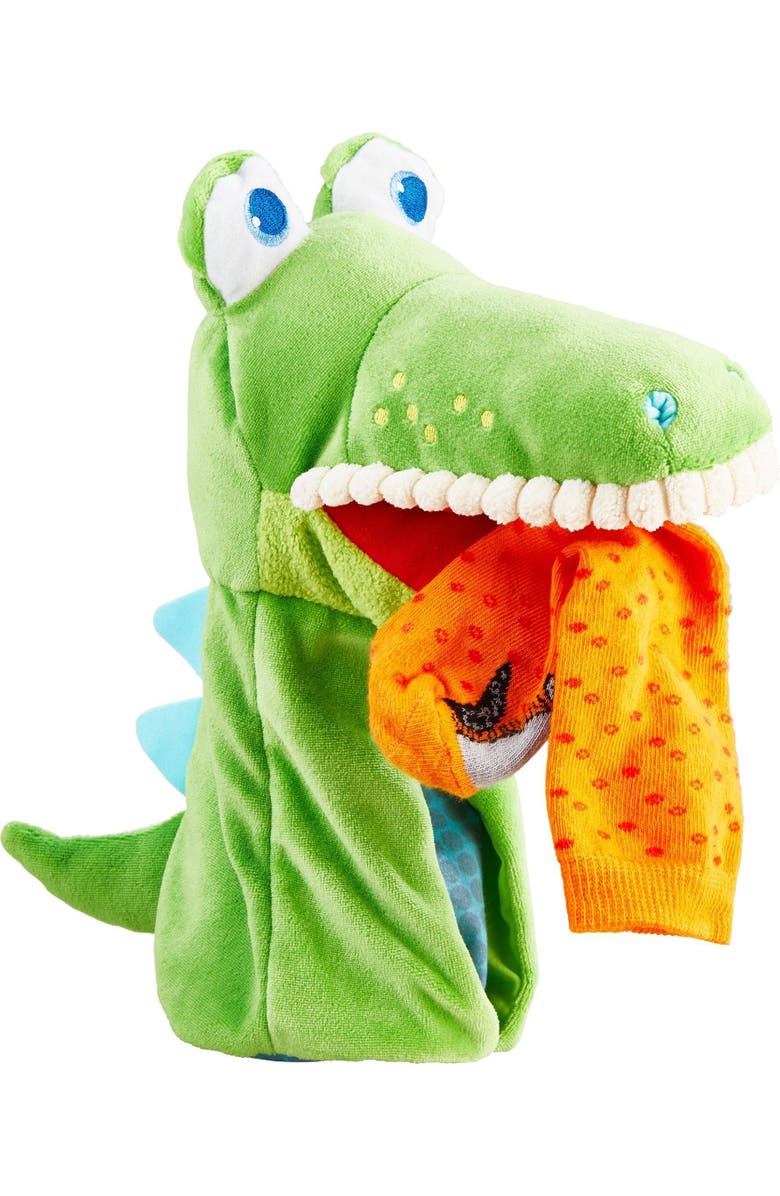 HABA Hand Puppet - Eat it Up Croco Interactive Puppet Show Toy with Belly Bag for Storytelling, Speech Therapy Toys and Pretend Play for 18 mo+, Alternate, color, Green Multi