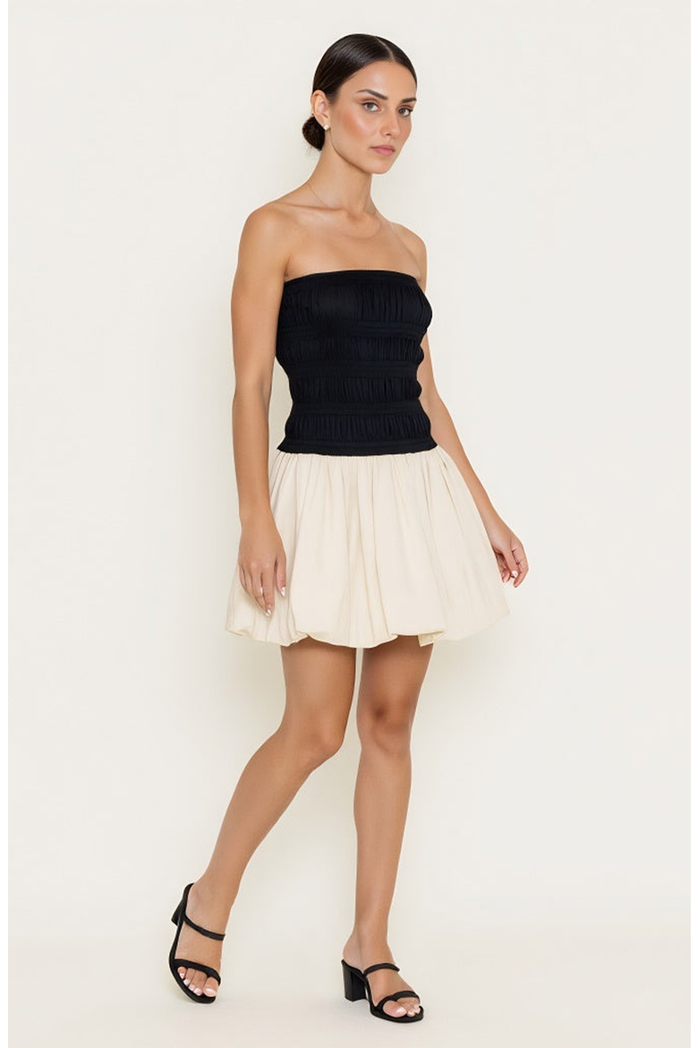 Strapless Bubble Hem Mini Dress with Smocked Bodice, Alternate, color, Black / Cream