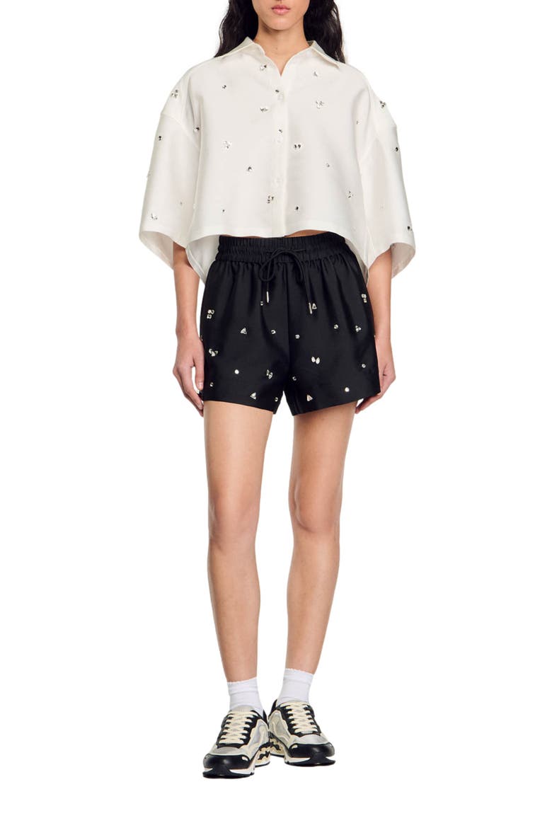 Rhinestone wide-leg shorts, Main, color, Black