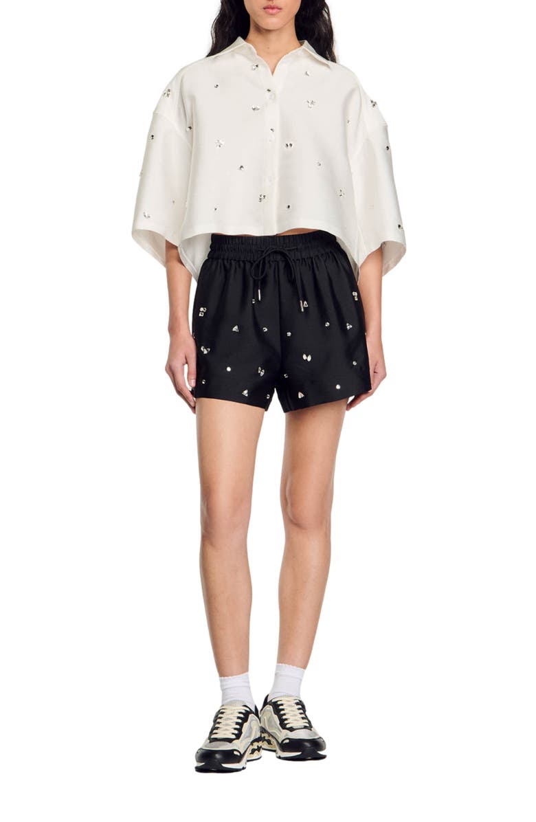 SANDRO Rhinestone wide-leg shorts, Main, color, 