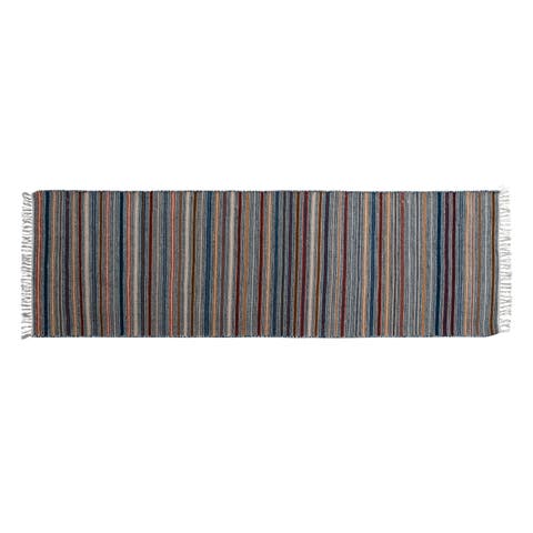 Woven Wool Floor Runner with Stripes and Fringe, Multi Color