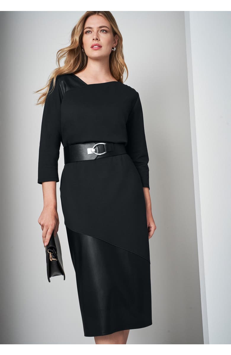 Jessica London Mixed Media Ponte Faux Leather Top, Alternate, color, Black