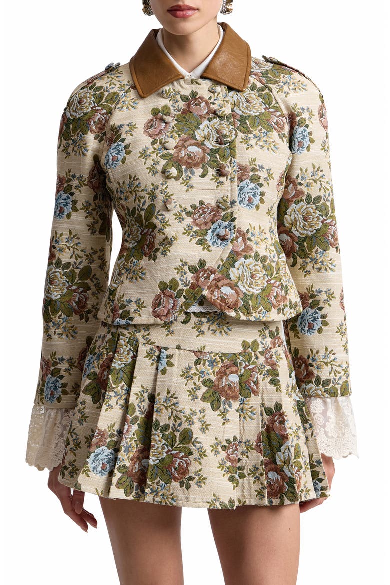Shrunken Floral Tapestry Blazer with Faux Leather Collar, Main, color, TAUPE FLORAL MULTI