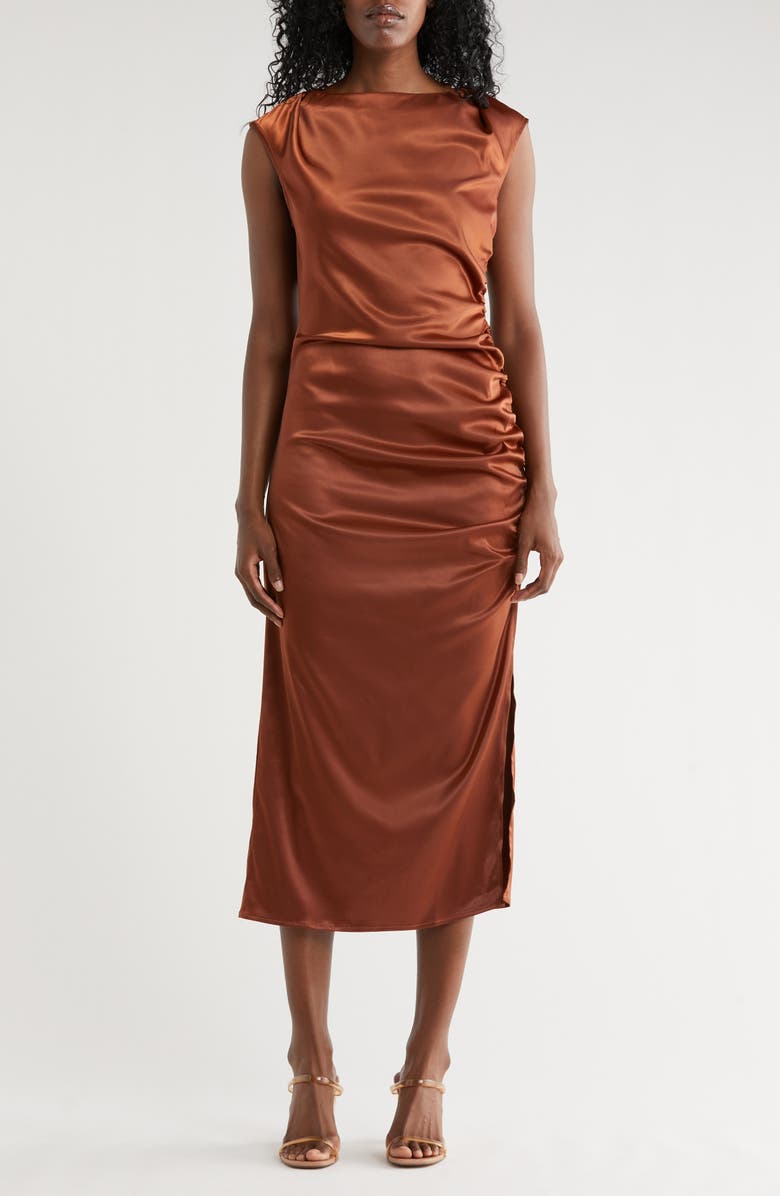 AREA STARS Irma Satin Midi Dress, Main, color, Brown